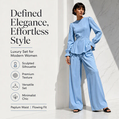 ✨👗Conjunto feminino elegante composto por um top com mangas bufantes e calças de perna larga