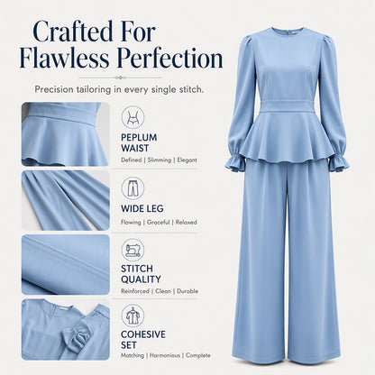 ✨👗Conjunto feminino elegante composto por um top com mangas bufantes e calças de perna larga