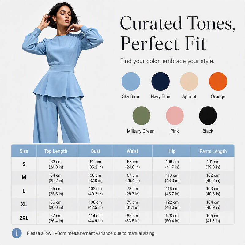 ✨👗Conjunto feminino elegante composto por um top com mangas bufantes e calças de perna larga