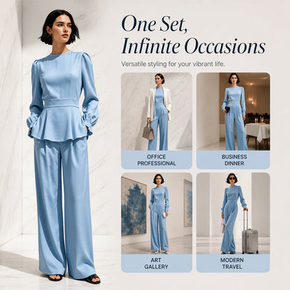 ✨👗Conjunto feminino elegante composto por um top com mangas bufantes e calças de perna larga