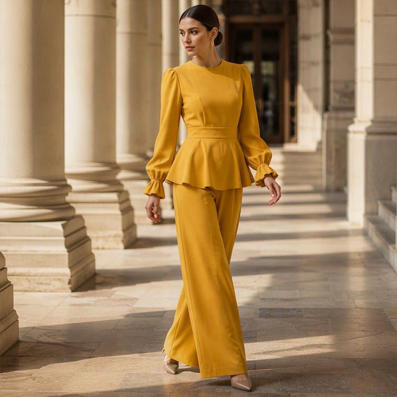✨👗Conjunto feminino elegante composto por um top com mangas bufantes e calças de perna larga