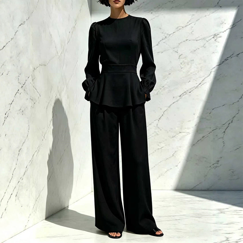 ✨👗Conjunto feminino elegante composto por um top com mangas bufantes e calças de perna larga