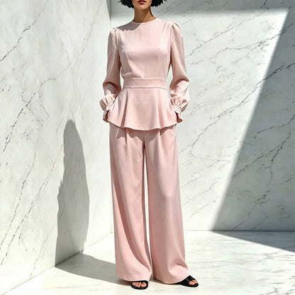 ✨👗Conjunto feminino elegante composto por um top com mangas bufantes e calças de perna larga