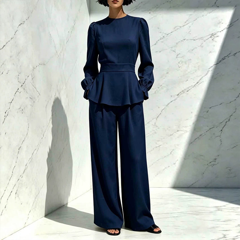 ✨👗Conjunto feminino elegante composto por um top com mangas bufantes e calças de perna larga
