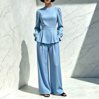 ✨👗Conjunto feminino elegante composto por um top com mangas bufantes e calças de perna larga