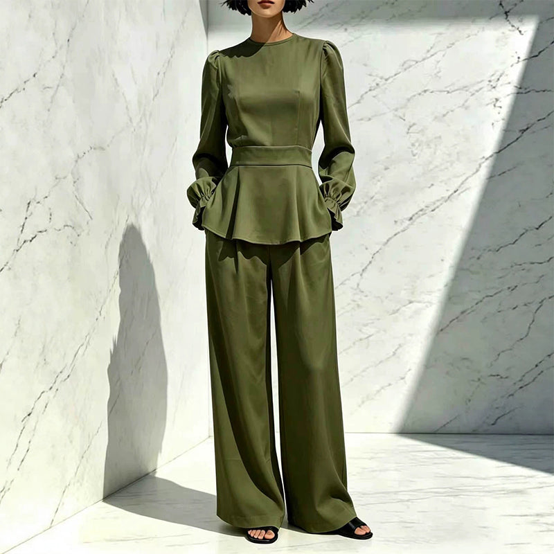 ✨👗Conjunto feminino elegante composto por um top com mangas bufantes e calças de perna larga