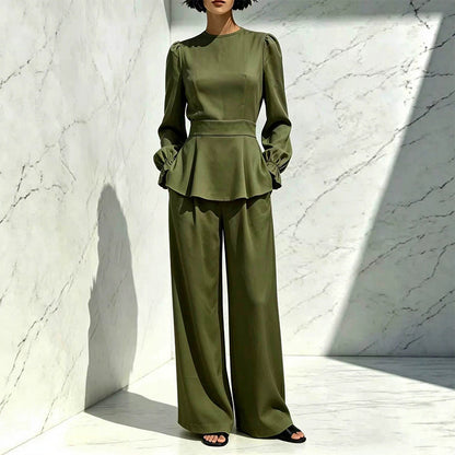 ✨👗Conjunto feminino elegante composto por um top com mangas bufantes e calças de perna larga
