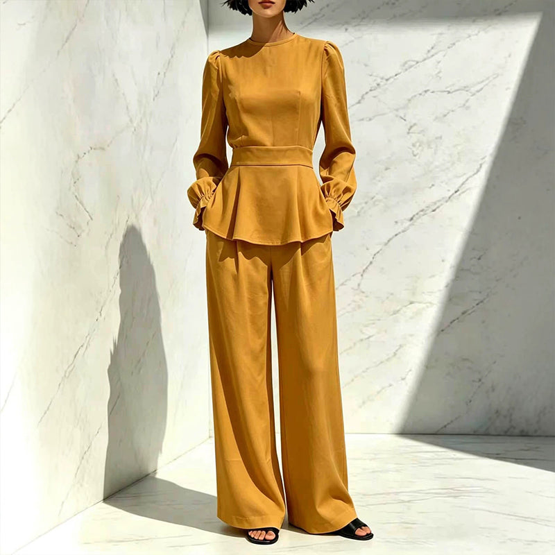 ✨👗Conjunto feminino elegante composto por um top com mangas bufantes e calças de perna larga