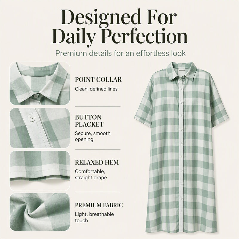 ✨👗Vestido-camisa maxi feminino xadrez com botões