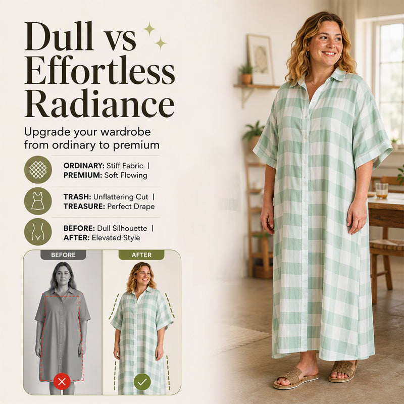 ✨👗Vestido-camisa maxi feminino xadrez com botões