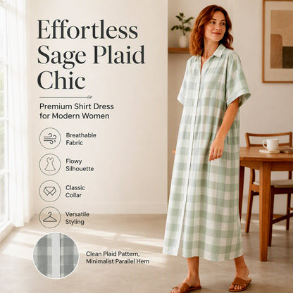 ✨👗Vestido-camisa maxi feminino xadrez com botões