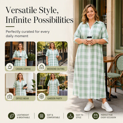 ✨👗Vestido-camisa maxi feminino xadrez com botões