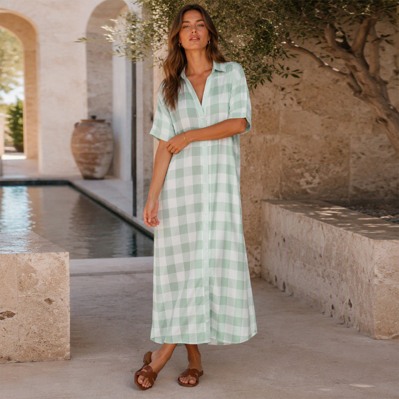 ✨👗Vestido-camisa maxi feminino xadrez com botões