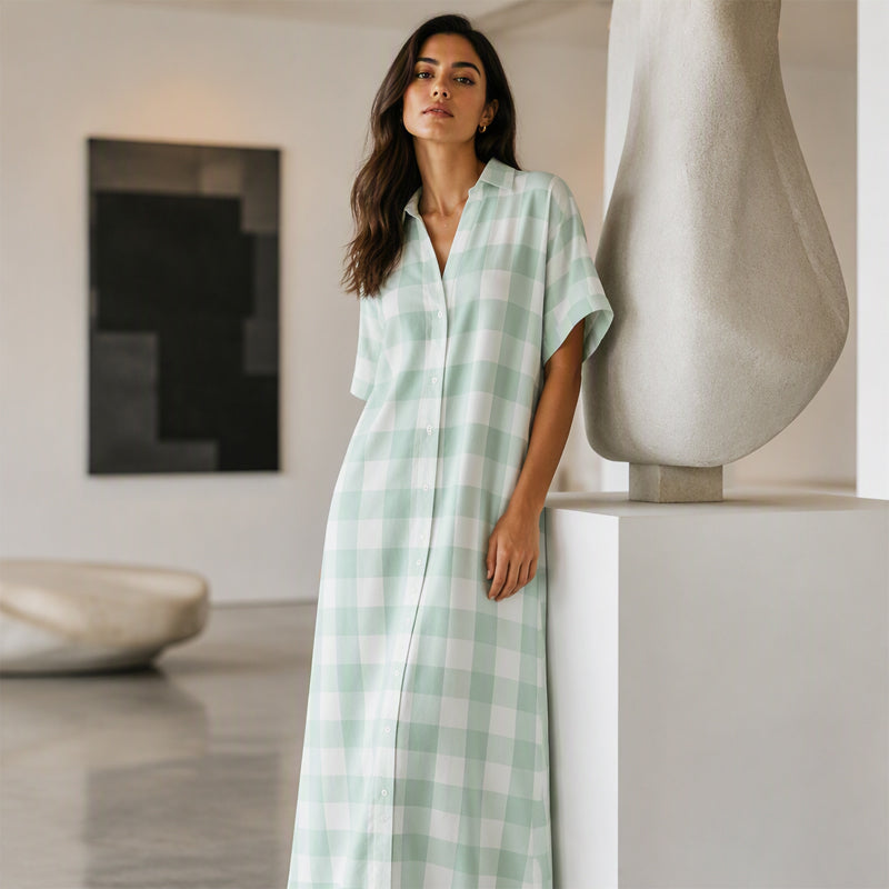 ✨👗Vestido-camisa maxi feminino xadrez com botões