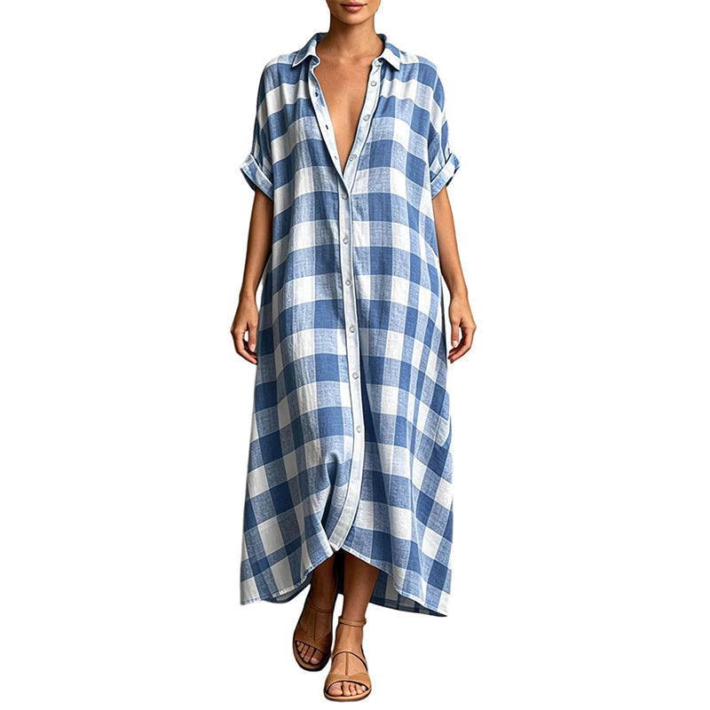 ✨👗Vestido-camisa maxi feminino xadrez com botões