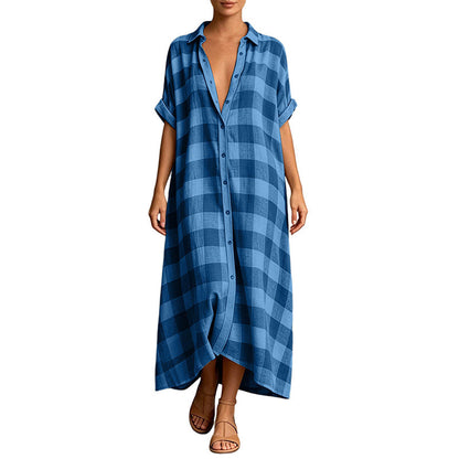 ✨👗Vestido-camisa maxi feminino xadrez com botões