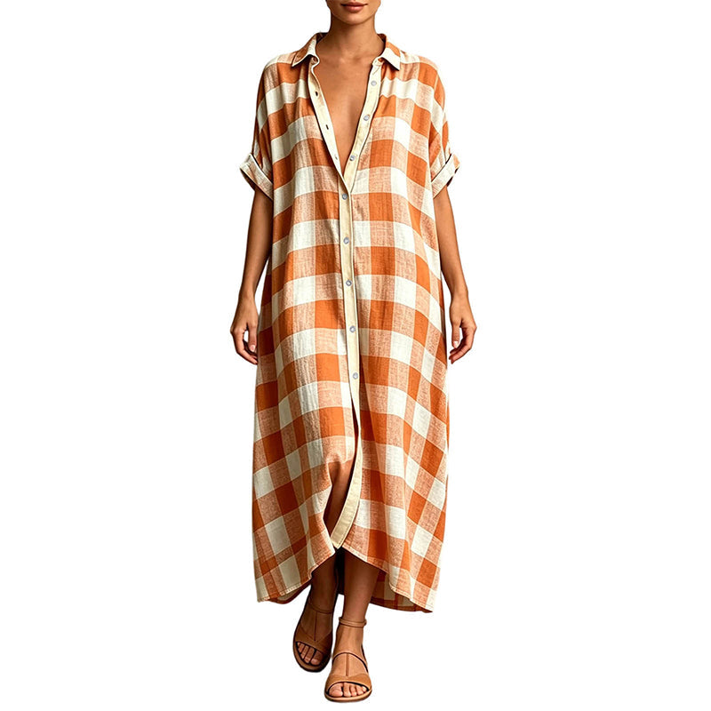 ✨👗Vestido-camisa maxi feminino xadrez com botões