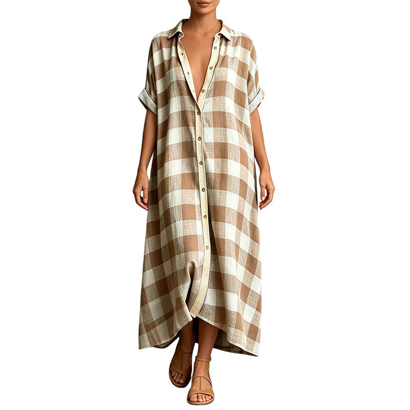 ✨👗Vestido-camisa maxi feminino xadrez com botões