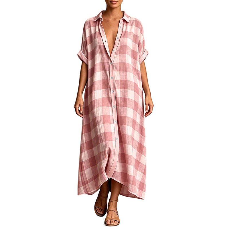 ✨👗Vestido-camisa maxi feminino xadrez com botões