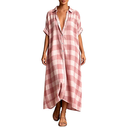 ✨👗Vestido-camisa maxi feminino xadrez com botões