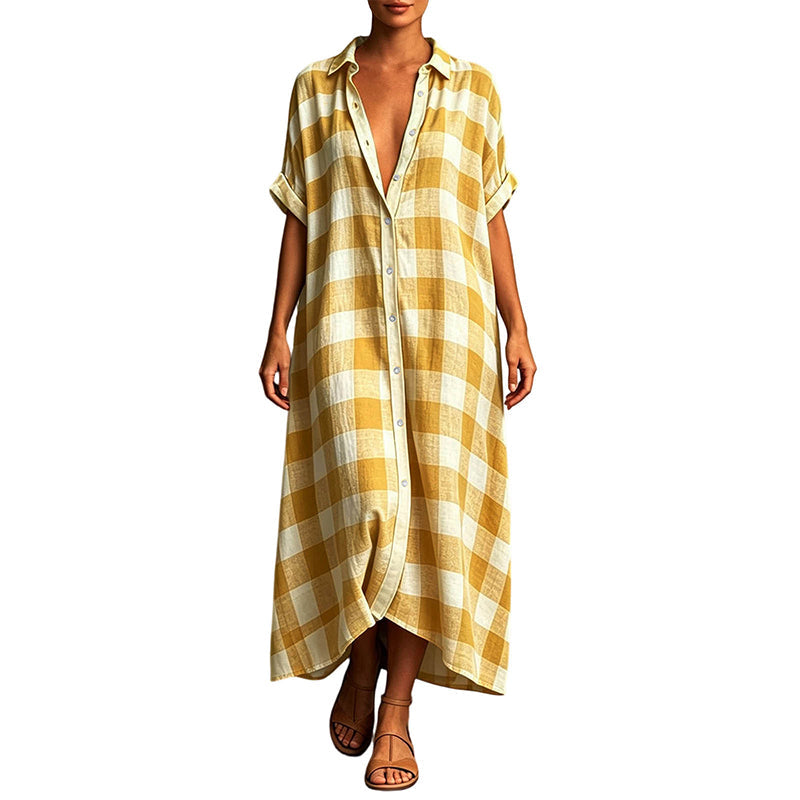 ✨👗Vestido-camisa maxi feminino xadrez com botões