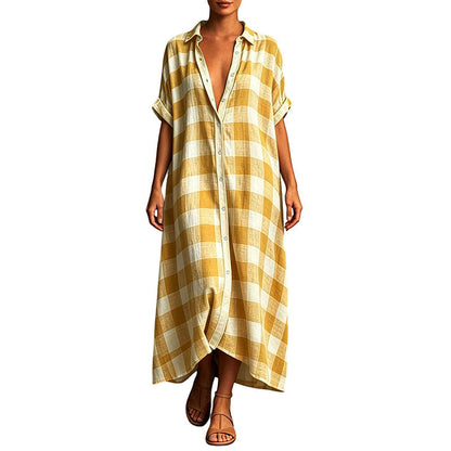 ✨👗Vestido-camisa maxi feminino xadrez com botões