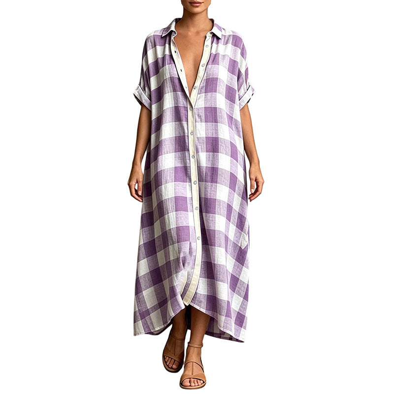 ✨👗Vestido-camisa maxi feminino xadrez com botões