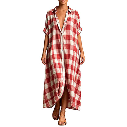 ✨👗Vestido-camisa maxi feminino xadrez com botões