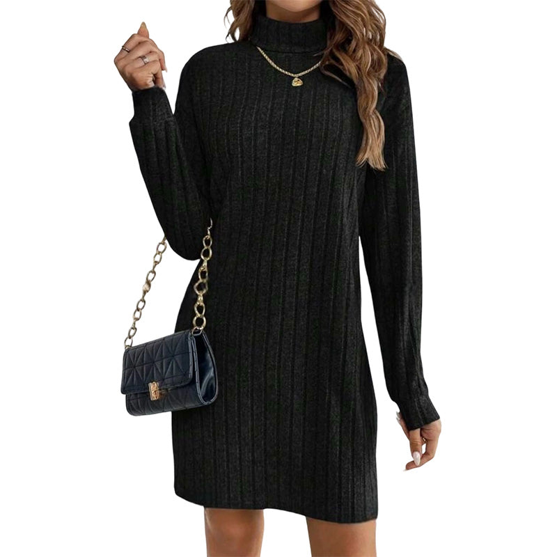 ✨👗Vestido-camisola de manga comprida com gola alta e canelado para mulher
