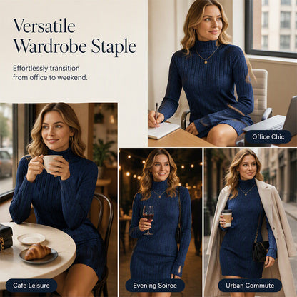 ✨👗Vestido-camisola de manga comprida com gola alta e canelado para mulher
