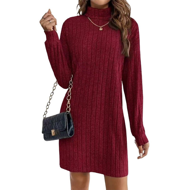 ✨👗Vestido-camisola de manga comprida com gola alta e canelado para mulher