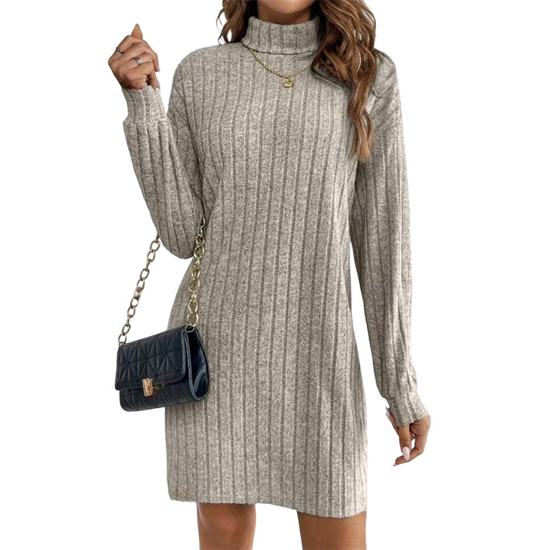 ✨👗Vestido-camisola de manga comprida com gola alta e canelado para mulher