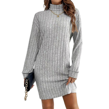✨👗Vestido-camisola de manga comprida com gola alta e canelado para mulher