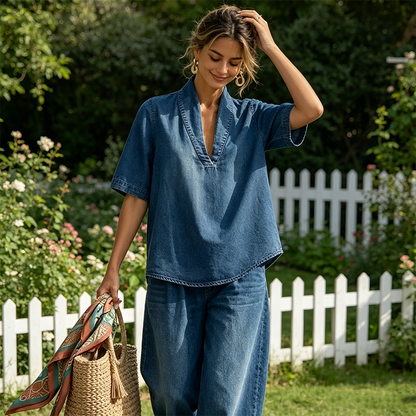 ✨👗Conjunto de ganga de verão para mulher – Top com decote em V e calças de perna larga
