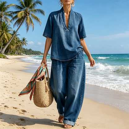✨👗Conjunto de ganga de verão para mulher – Top com decote em V e calças de perna larga