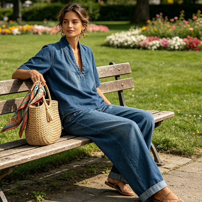 ✨👗Conjunto de ganga de verão para mulher – Top com decote em V e calças de perna larga