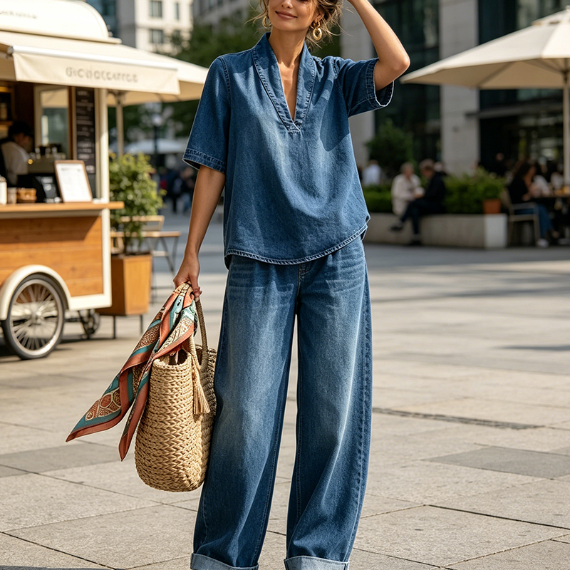 ✨👗Conjunto de ganga de verão para mulher – Top com decote em V e calças de perna larga