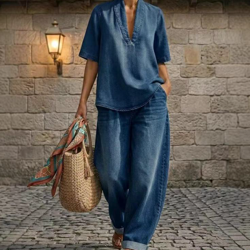 ✨👗Conjunto de ganga de verão para mulher – Top com decote em V e calças de perna larga