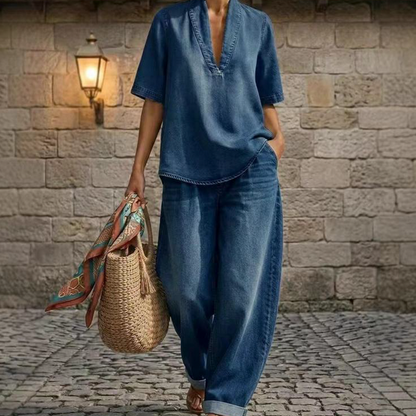✨👗Conjunto de ganga de verão para mulher – Top com decote em V e calças de perna larga