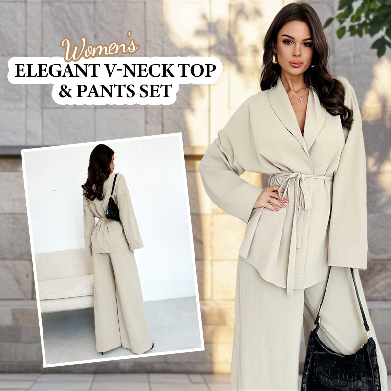 ✨👗Conjunto de 2 peças para mulher: top elegante com decote em V e calças de perna larga