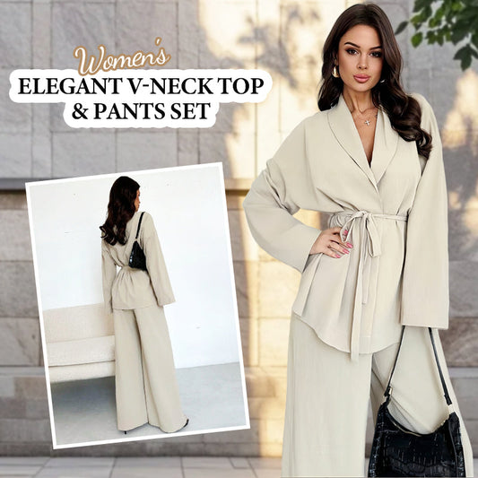✨👗Conjunto de 2 peças para mulher: top elegante com decote em V e calças de perna larga