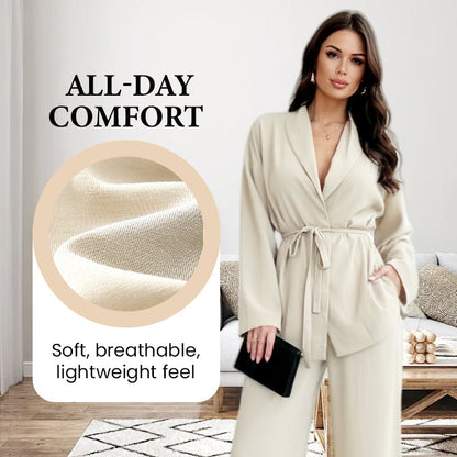 ✨👗Conjunto de 2 peças para mulher: top elegante com decote em V e calças de perna larga