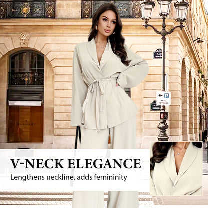 ✨👗Conjunto de 2 peças para mulher: top elegante com decote em V e calças de perna larga