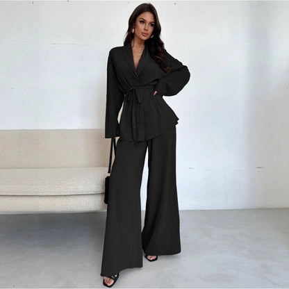 ✨👗Conjunto de 2 peças para mulher: top elegante com decote em V e calças de perna larga
