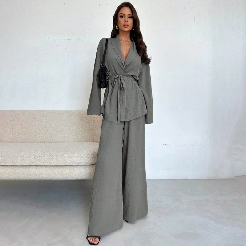 ✨👗Conjunto de 2 peças para mulher: top elegante com decote em V e calças de perna larga