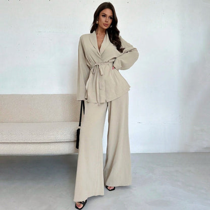 ✨👗Conjunto de 2 peças para mulher: top elegante com decote em V e calças de perna larga