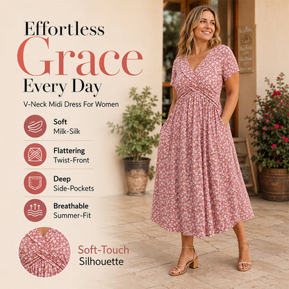 ✨👗Vestido elegante de decote em V com estampado floral para mulher