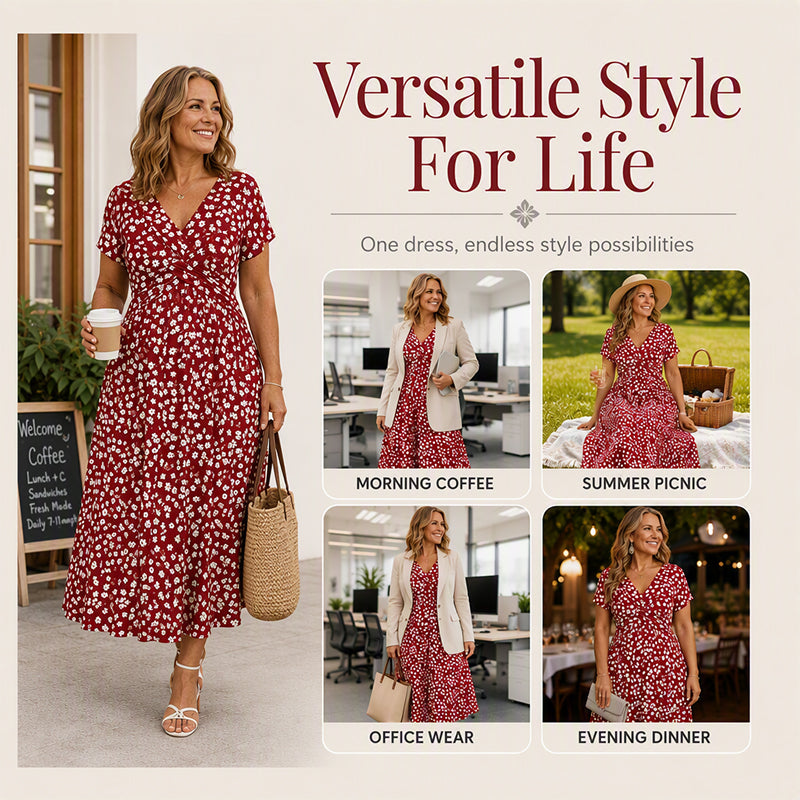✨👗Vestido elegante de decote em V com estampado floral para mulher