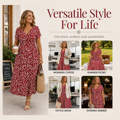✨👗Vestido elegante de decote em V com estampado floral para mulher
