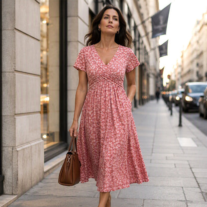 ✨👗Vestido elegante de decote em V com estampado floral para mulher